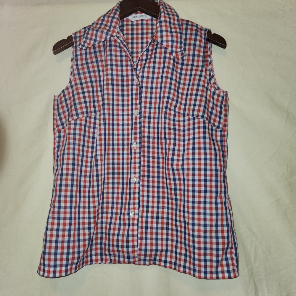 Vintage 1980s plaid sleeveless collared shirt